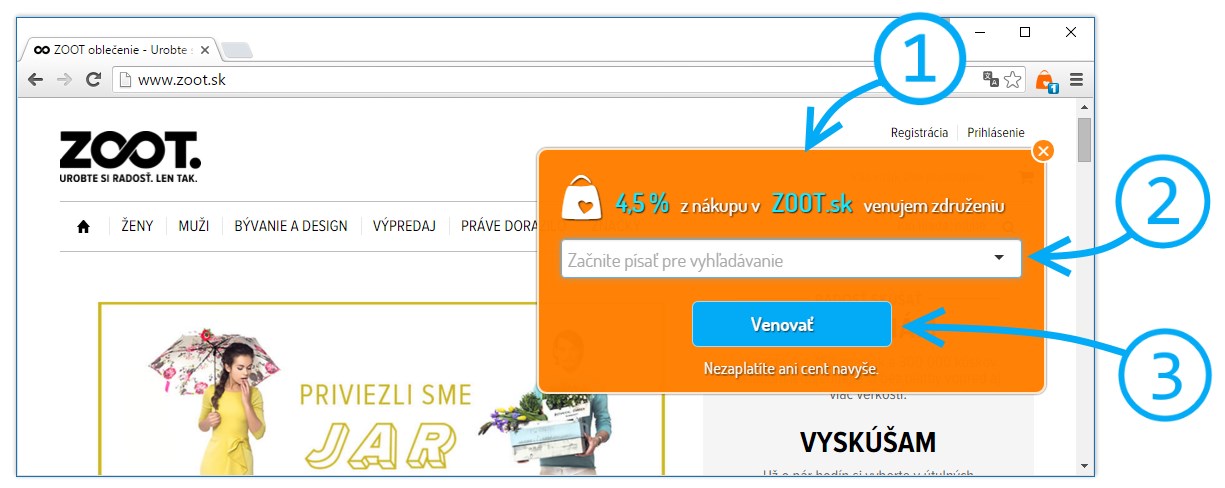 Upozornenie na možnosť nákupu, ktorým podporíte združenie.
